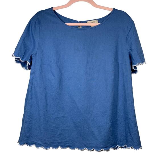 LOFT Baby Blue Scallop Embroidered Hem Short Sleeve Blouse Medium - Picture 1 of 9